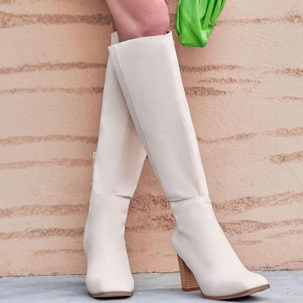 Suede Knee High Boots with Block Heel